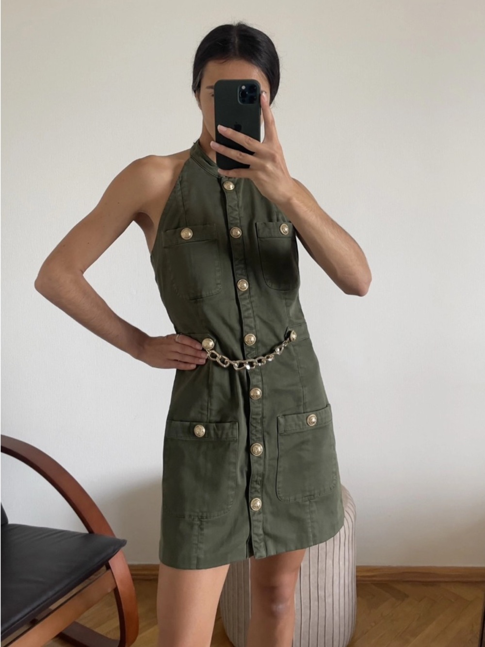 BALMAIN Military Green Khaki Cotton Halter Mini Dress with Gold Chain Belt - Picture 3 of 14